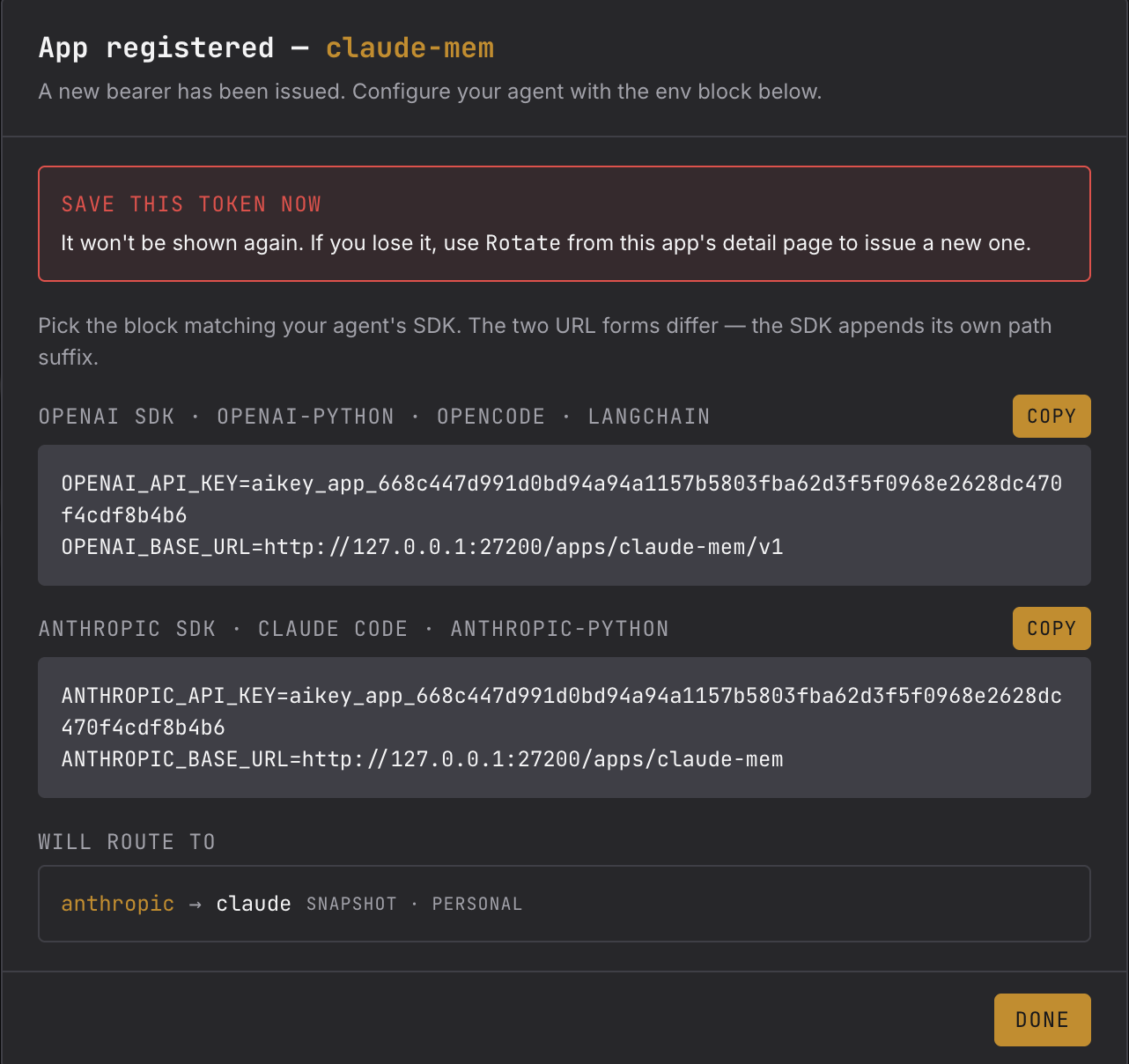 App registered dialog showing per-SDK env block