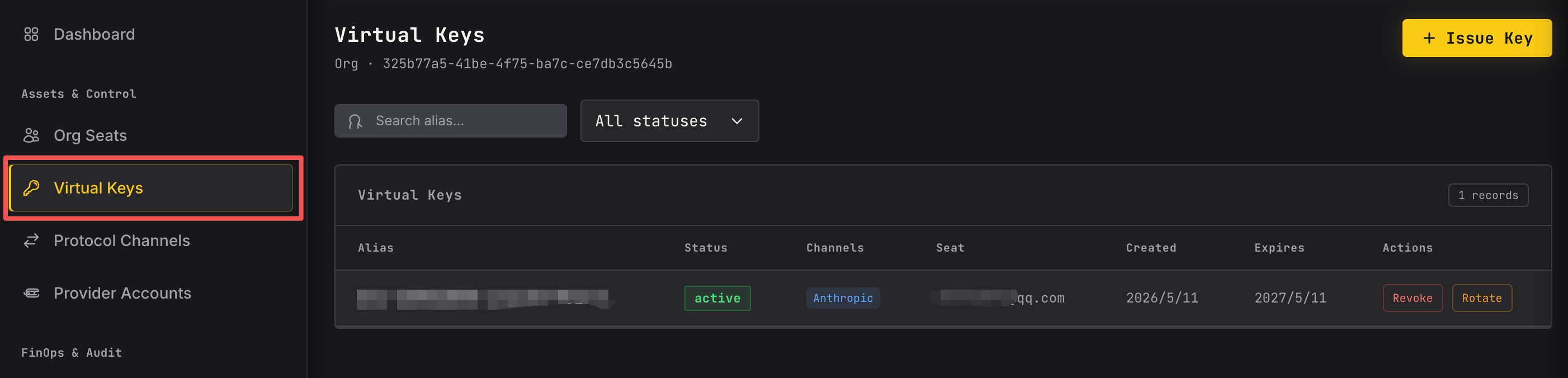 Issued Virtual Keys list with owner attribution