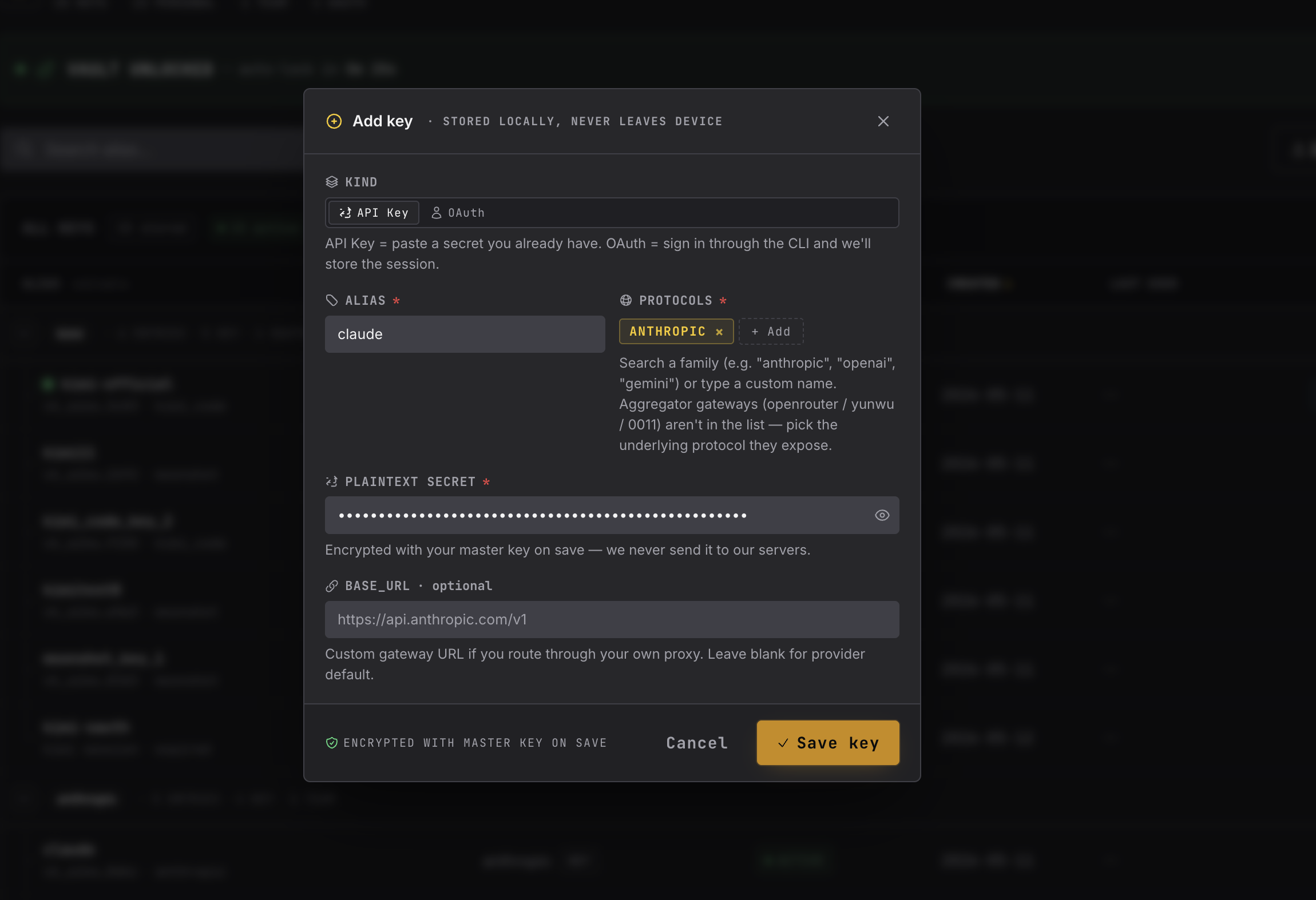 Add Key form in aikey web