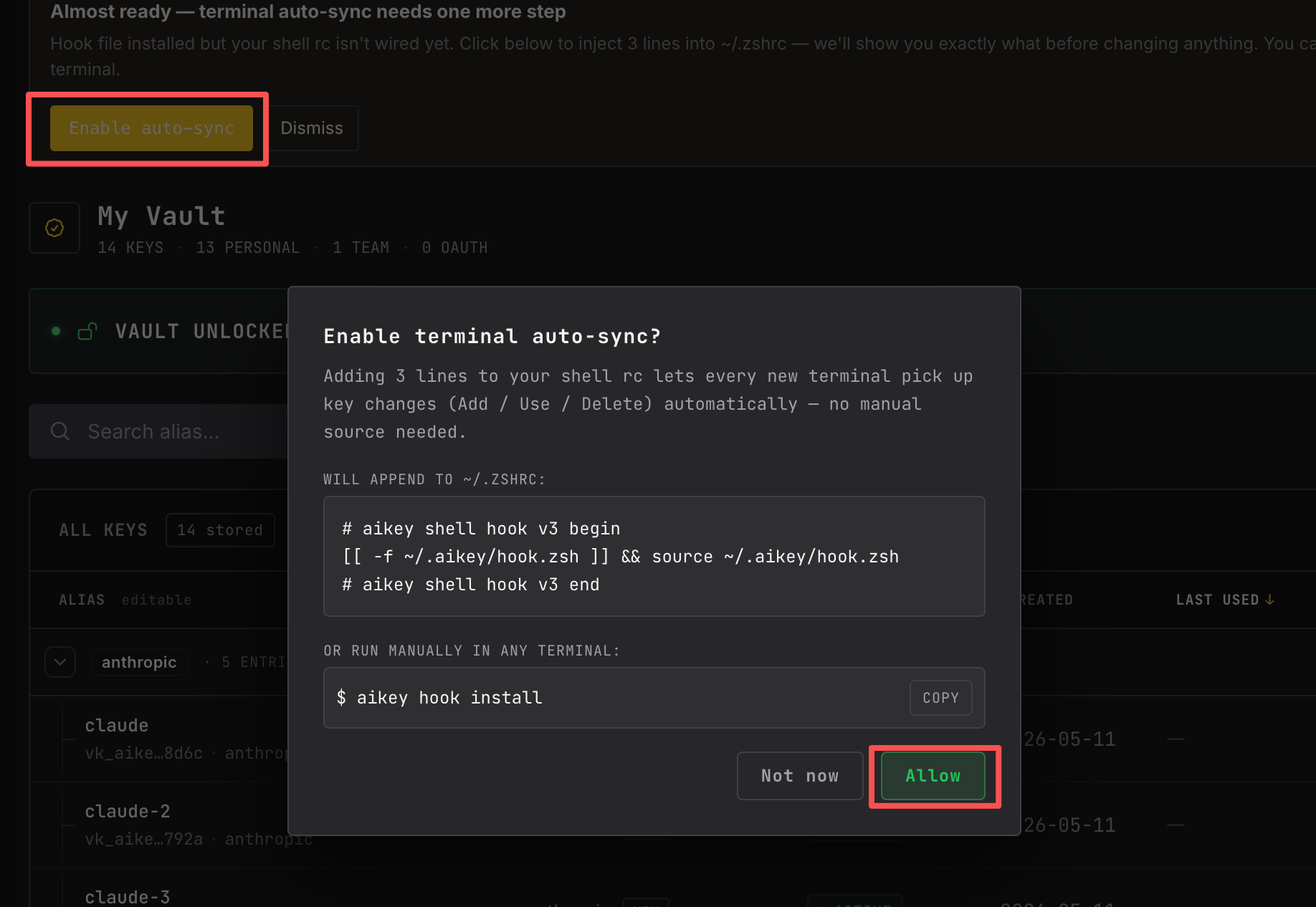 Install hook banner in aikey web