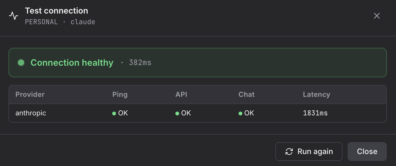 Test connection modal with Ping/API/Chat results